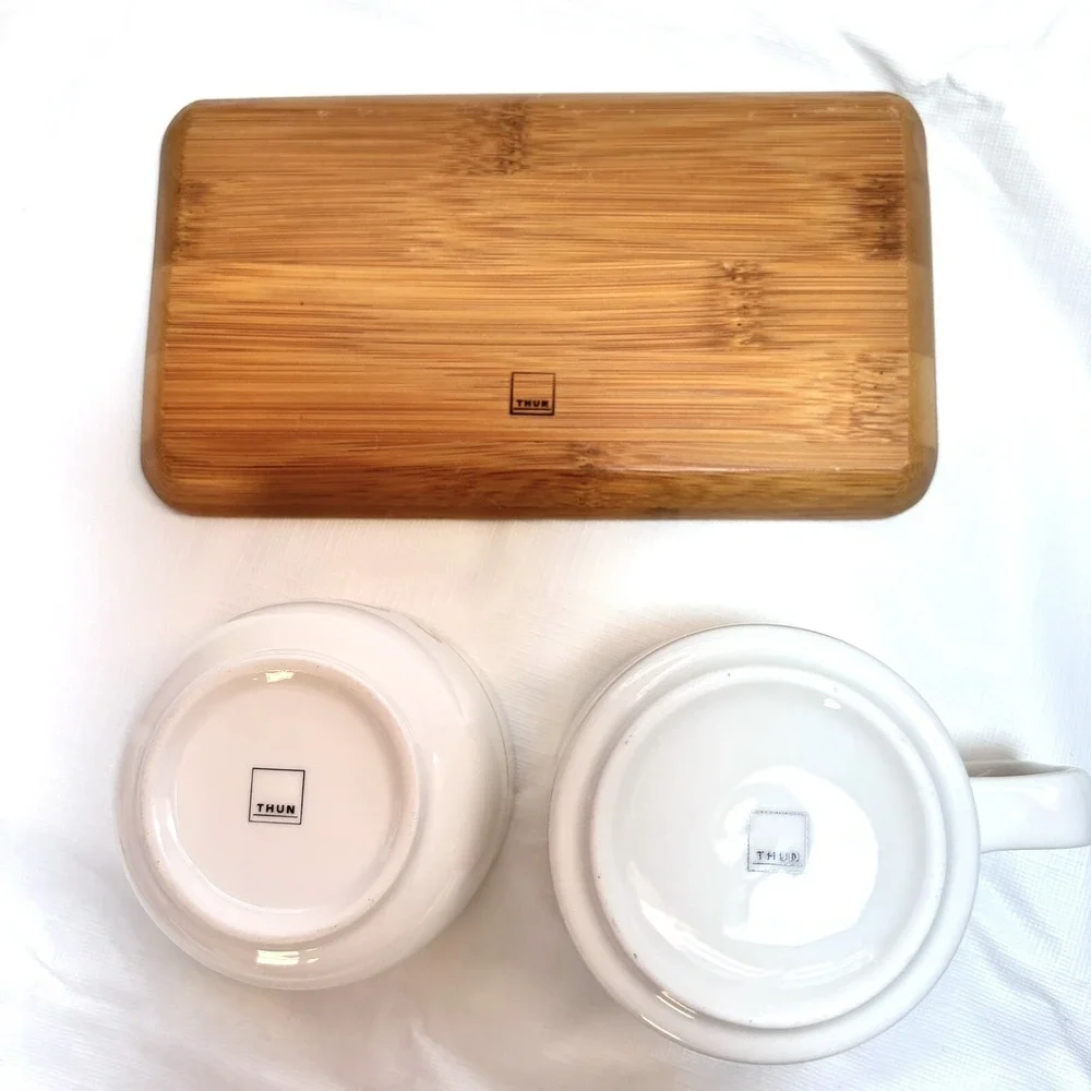 Thun Porcelain Mug/Cup Bowl Wood Tray Orianne Gold Breakfast 3 Piece Set White